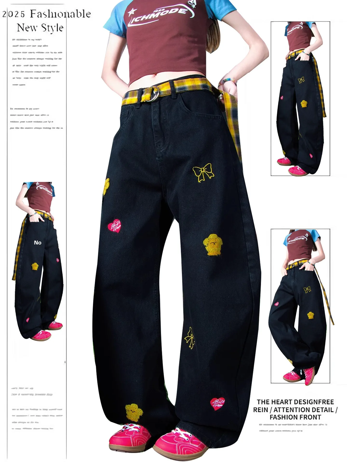 

American Design Cartoon Embroidery Straight Casual Pants Loose Bla Jeans Women's High Waist Wide Leg Trousers for Couples