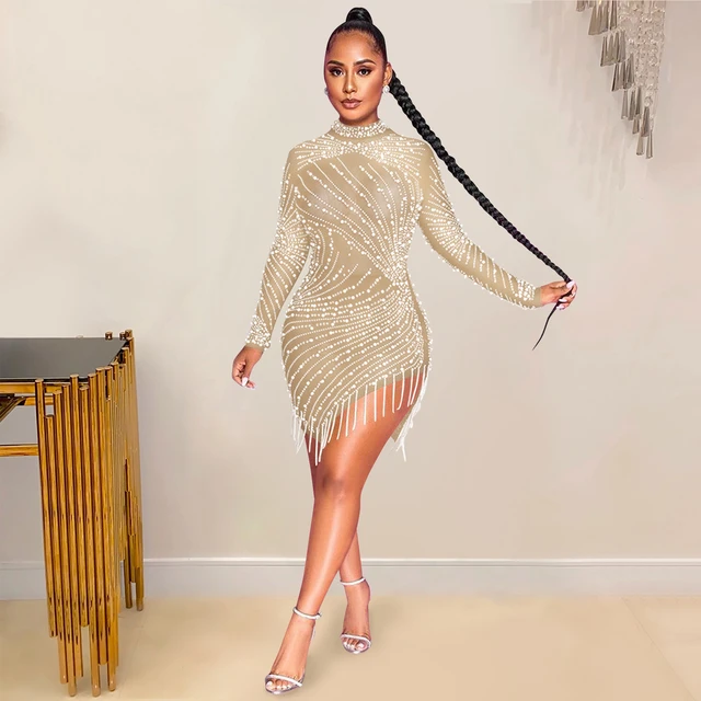 2023 Women s Clothing Diamond O neck Long Sleeve Tassel Fall Outfits For Birthday Sexy Nightclub Party Club Dresses Vestidos Dresses AliExpress