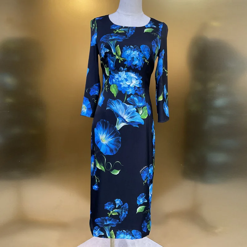

Женское шелковое платье с цветочным принтом, весеннее Плиссированное облегающее платье с длинным рукавом и высокой талией, 2024