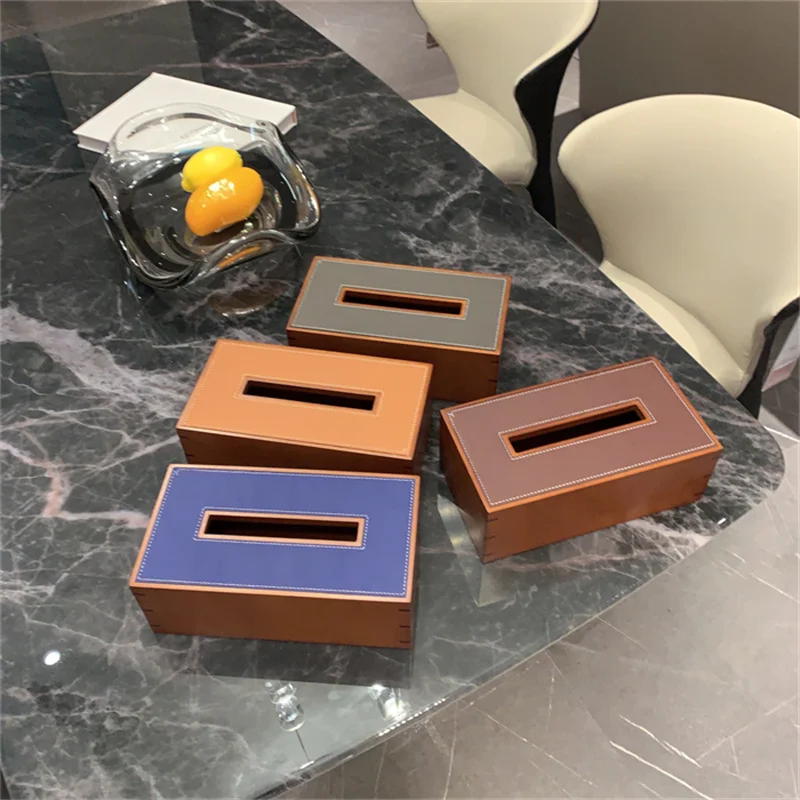 Solid Wood Splicing Tissue Boxes, PU Leather Tissue Holder, Wood Removable Tissue Case, Paper Holders, Towel Box, Paper Stand