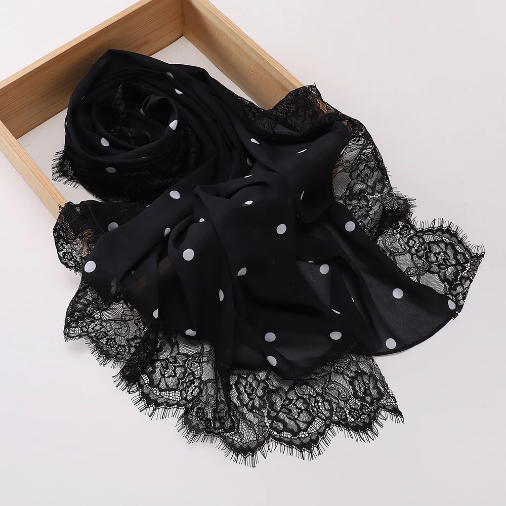 Eleganter Polka-Dot-Hijab, leichter Spitzen-Schal, Chiffon-Kopftuch, verziertes Kopftuch, klassischer Gebets-Hijab, langer Schal – Detail 3