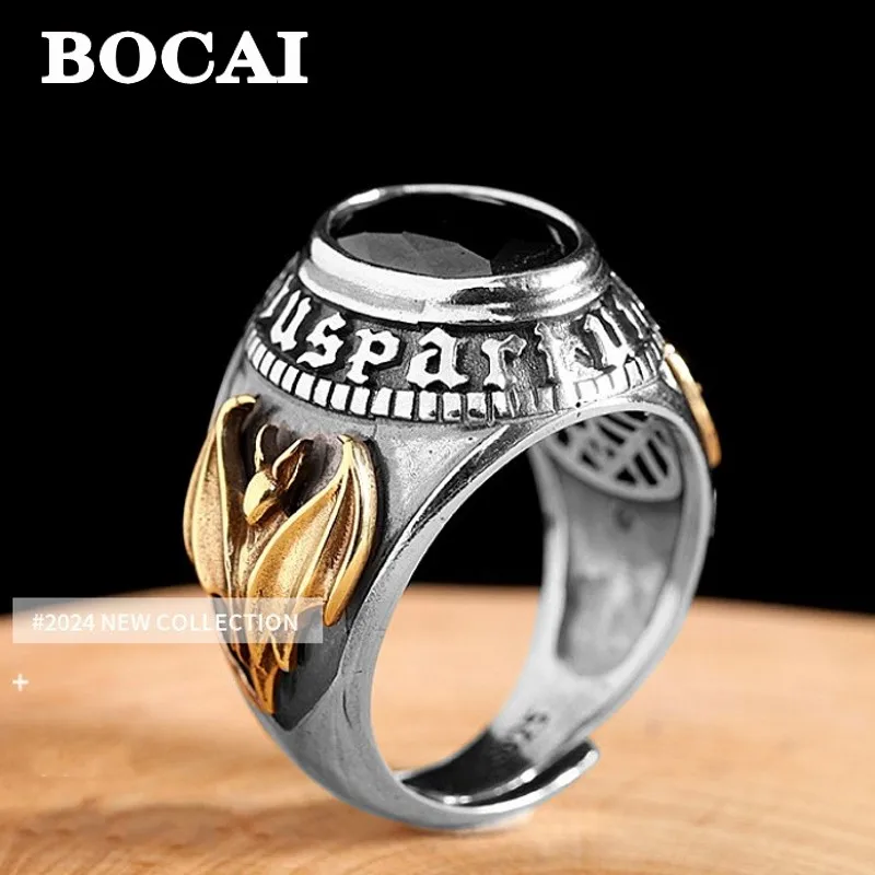 

BOCAI New s925 Silver Cut Side Black Agate Ring for Men Unique and Exquisite Jewelry From The Middle East Style Wholesale