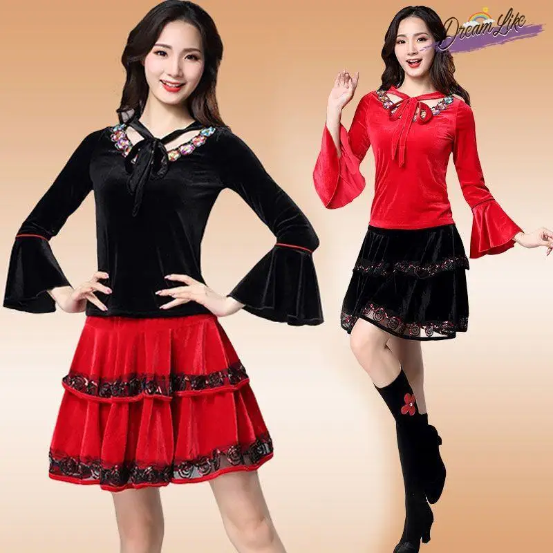 

New High-End Square Dance Costume Women's Gold Velvet Dancing Clothes Flared Sve Top Dance Skirt Performance Outfit
