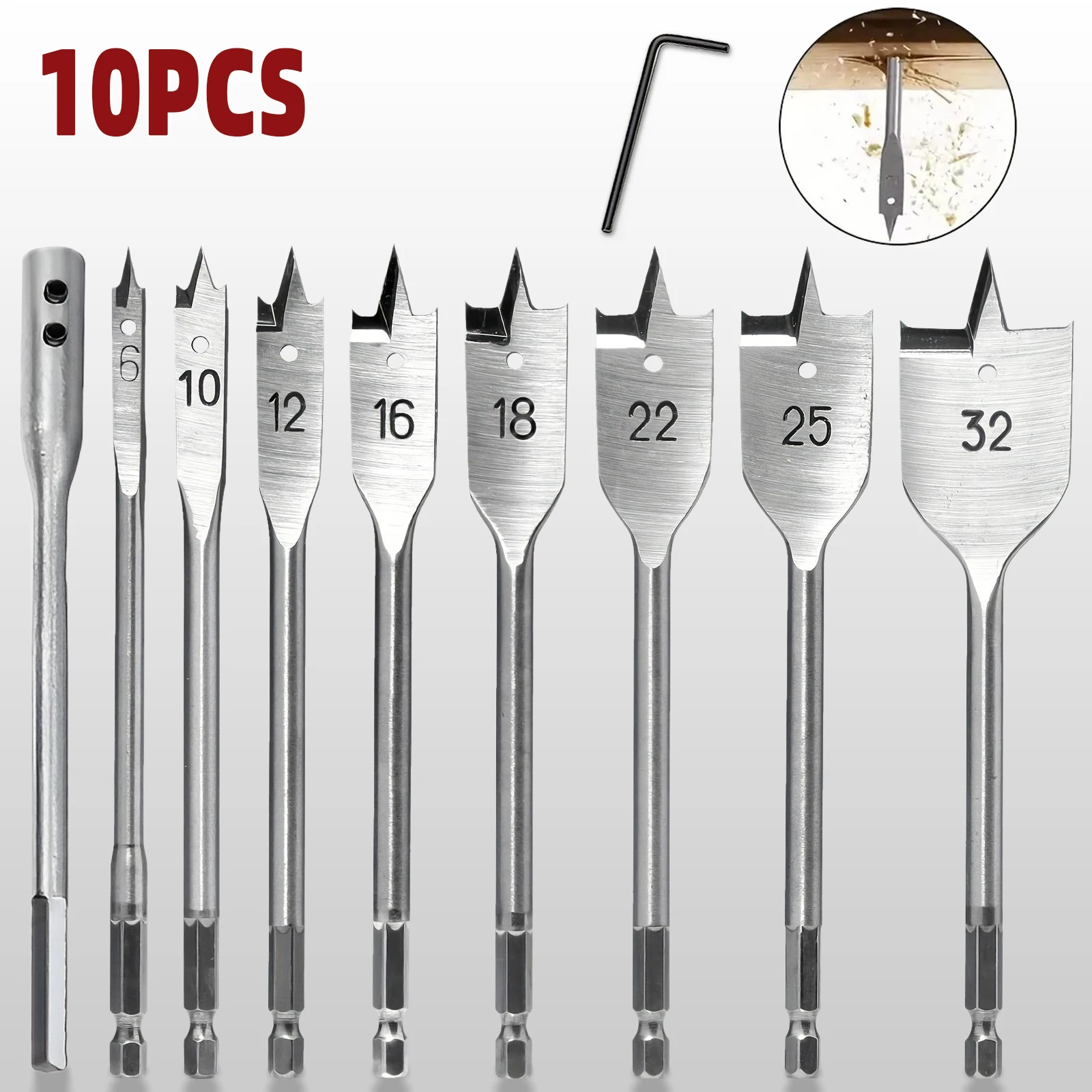 

10pcs high-carbon steel chisel drill bit set, 6-32 mm with connecting rod and wrench Hex shank three-point woodworking flat dril