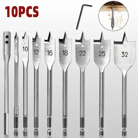 10PCS High Carbon Steel Spade Drill Bit Set, 6-32mm Hex Shank Wood Boring Bits with Extension Rod & Hex Key