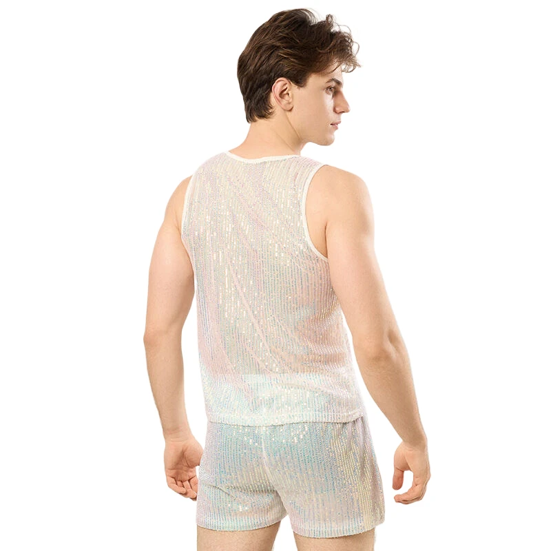 Herren-Set 2-teiliges Outfit Ärmelloses Tanktop Shorts Funkelndes Nachtclub-Musikfestival Strand-Rave-Party Bühnenkostüm – Detail 9
