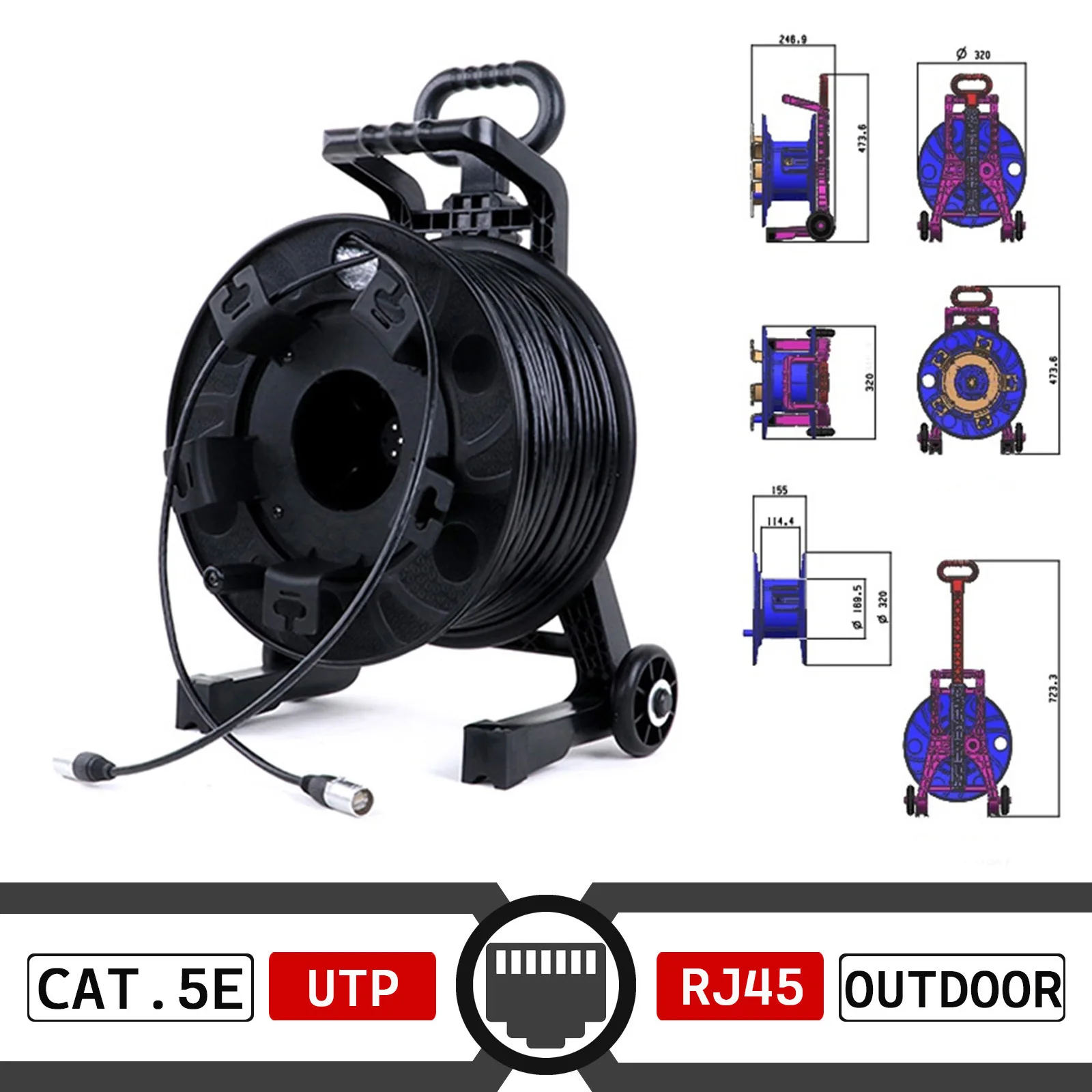 Outdoor UTP RJ45 Cat.5E Ethercon Ethernet Network Extension Cable with PCD310 Winding Drum with Pull Bar with Wheel