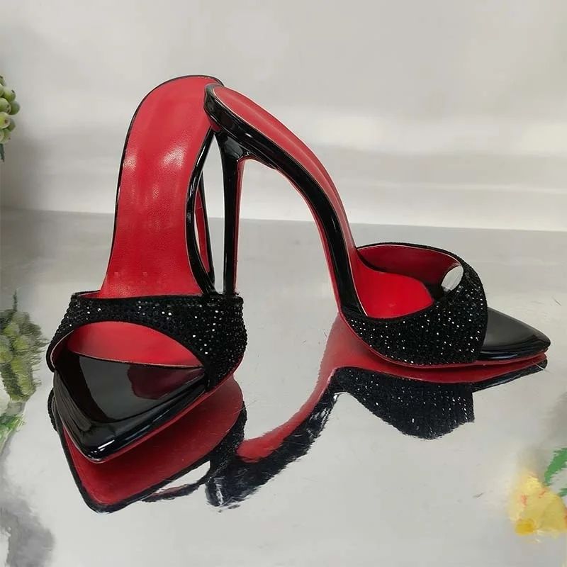 

2025 Summer New Sexy Women's Stiletto High Heels Rhinestone Slip-On Open Toe Outdoor Fashion Daily Street Ladies Slippers