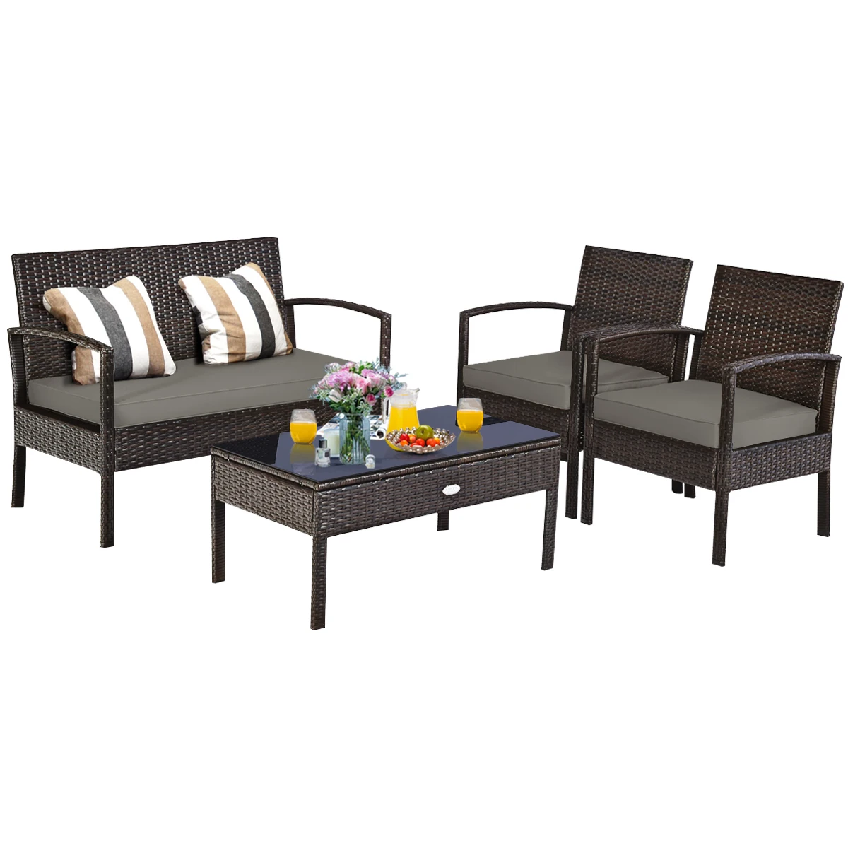 

Patiojoy 4PCS Patio Rattan Furniture Set Cushioned Sofa Coffee Table Garden Deck