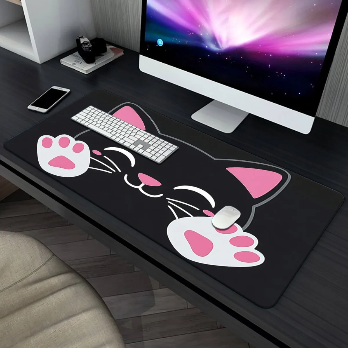 1 tapis de souris chat noir avec empreintes de pattes – Base en caoutchouc antidérapante, surface ultra lisse pour les jeux et le bureau, 31,5" x 11,6" ou 2