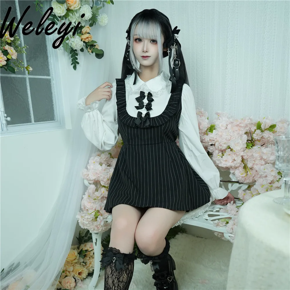 Japanese Mine Bow Outfits for Women 2024 Fall New Lolita Mass Production Sweet Cute Long Sleeve Plaid Dress Shorts Suit 2 Pieces