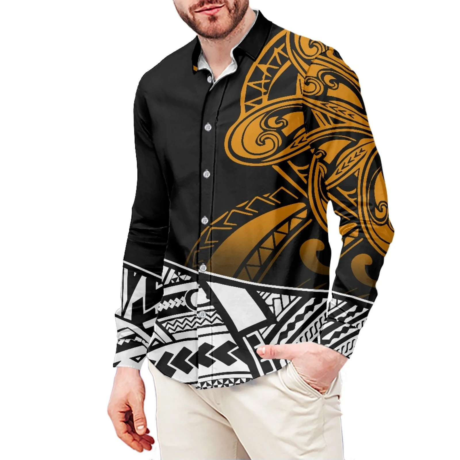 

Winter Men's Clothing Tattoo Print Polynesian Hawaiian Casual Sport Style Men's Shirt Stand Collar 6XL Long Sleeve Men's Shirt