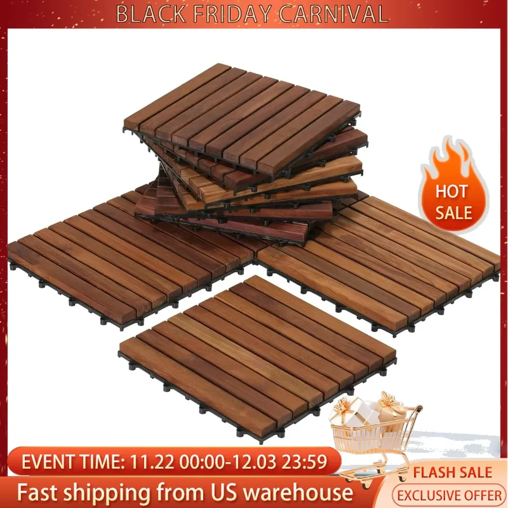 Floor Interlocking Flooring Tiles in Solid Teak Wood Oiled Finish (Set of 10), Long 9 Slat