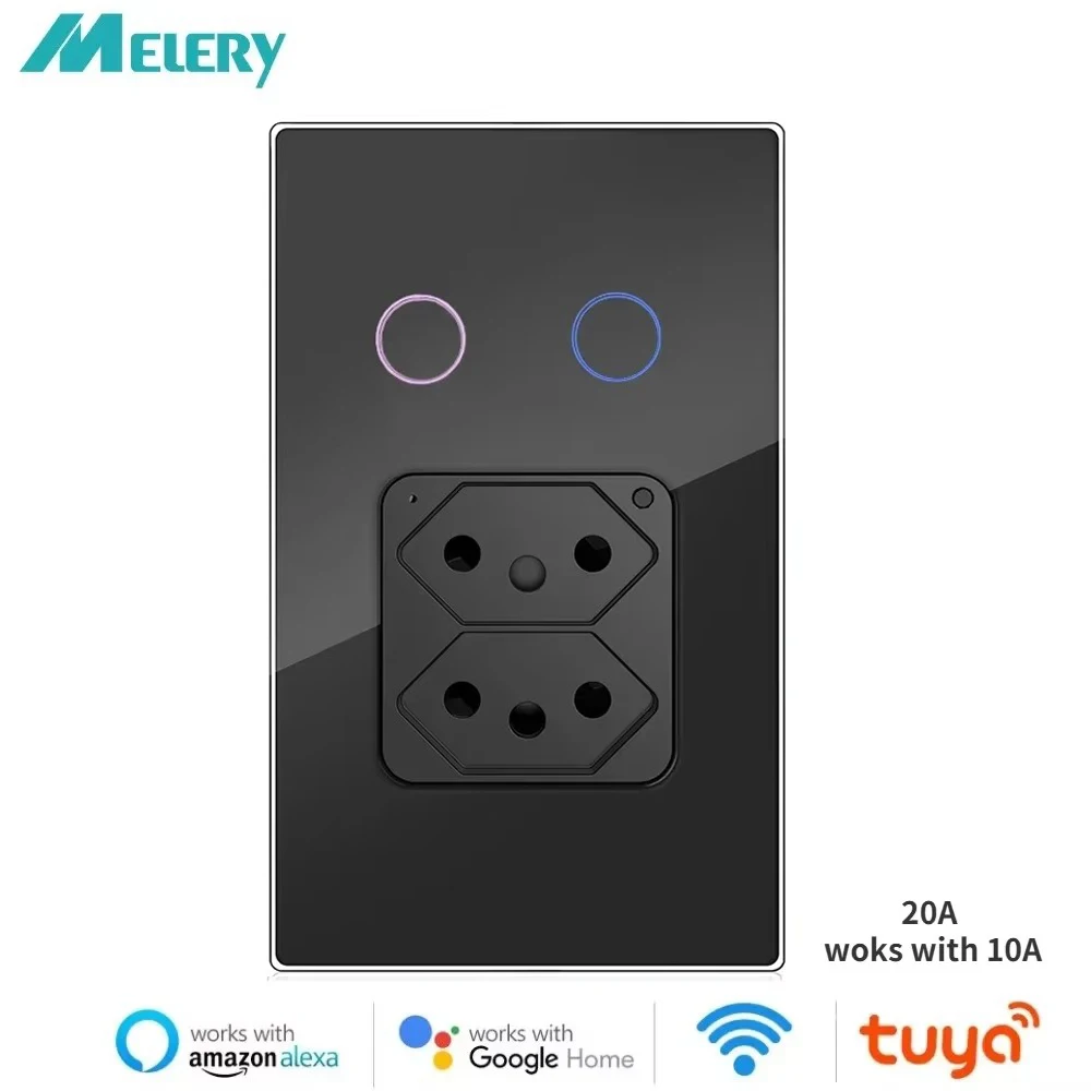 

Melery Brazil Smart Plug Настенная розетка WiFi Tuya 20A Розетка Выключатель света Сенсорное стекло, дистанционное управление Alexa & Google