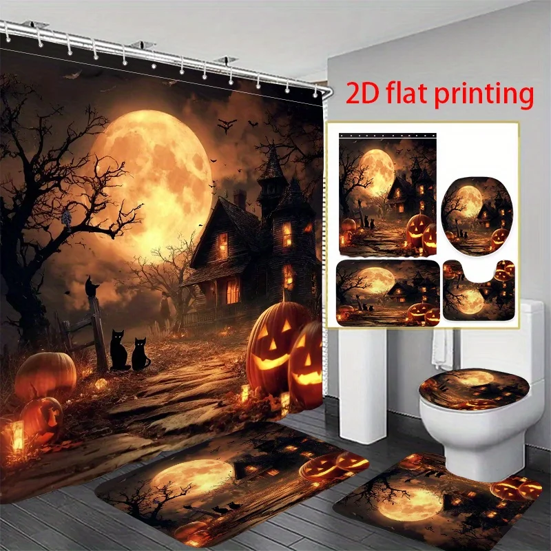 4pcs 2D Flat Printing Shower Curtain Bathroom Set Halloween Night with Haunted House and Pumpkins. Soft, Most Bathtubs and