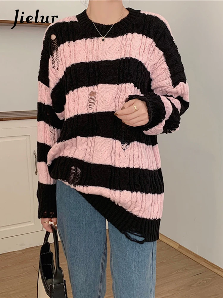 Jielur Pink Coffee Striped Loose Sweater Women Pullover Autumn Top O-Neck Long Sleeve Knitwear Spell Color Holes Casual Sweater