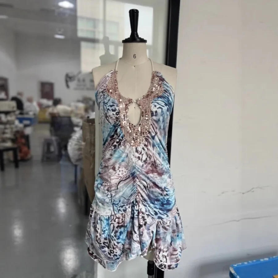 

【New style】Dress for autumn, popular women's clothing, sexy backless hanging neck, hollow printed short skirt