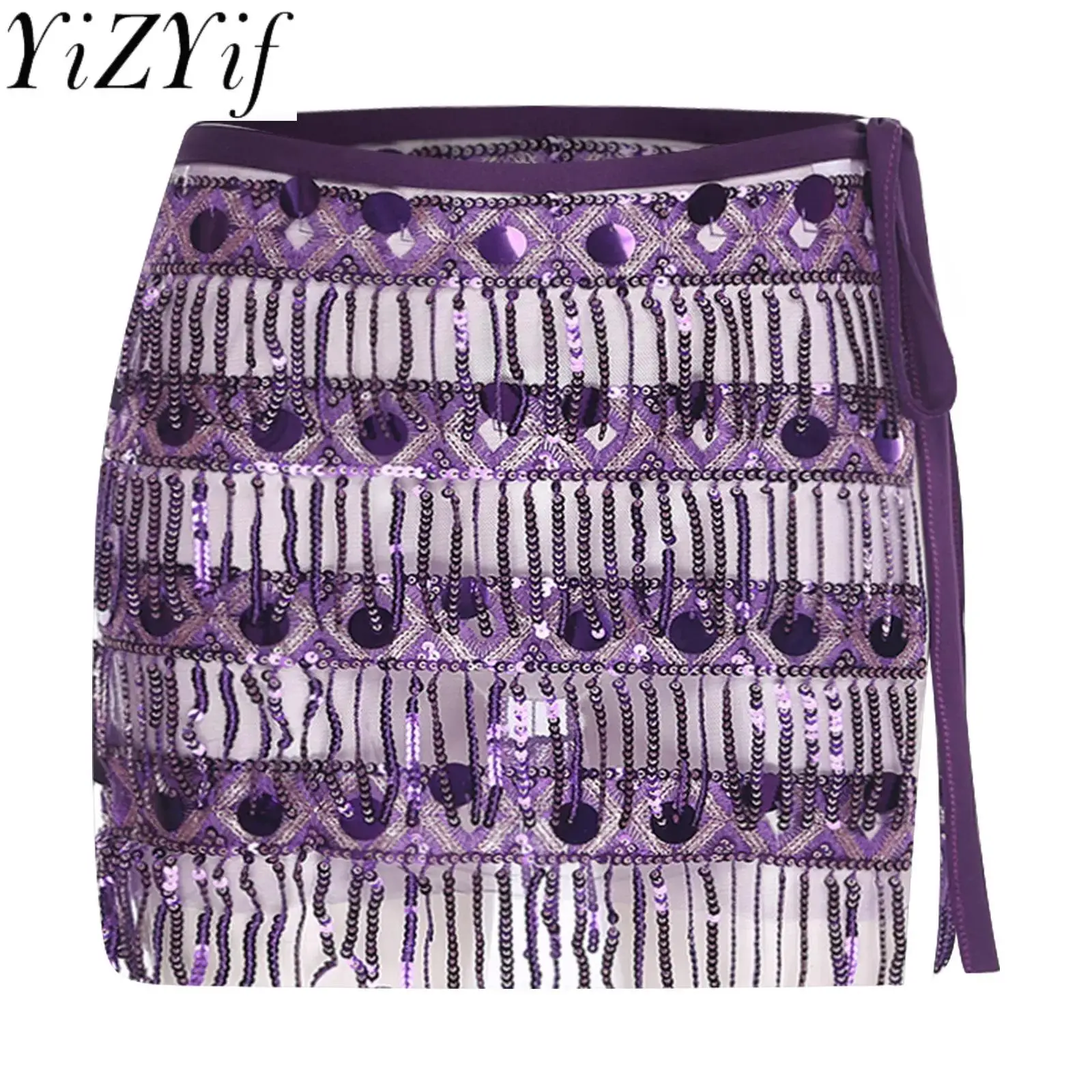 

Юбки с блестками для танца живота с цепочкой на талии, женские юбки с кисточками из прозрачной сетки на шнуровке, хип-шарф для индии, юбки для латинского танца живота