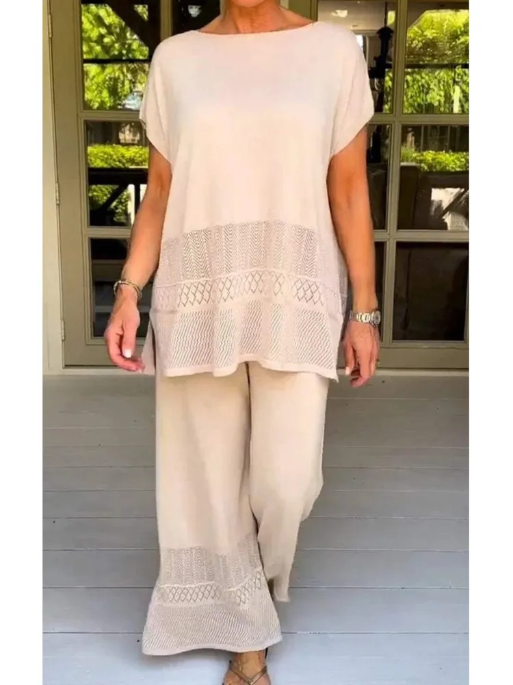 

Pant Sets Women 2 Pieces Set O Neck Short Sleeves Tops Wide Leg Pants Elastic Waist Casual Matching Pants Sets Loose Streetwear