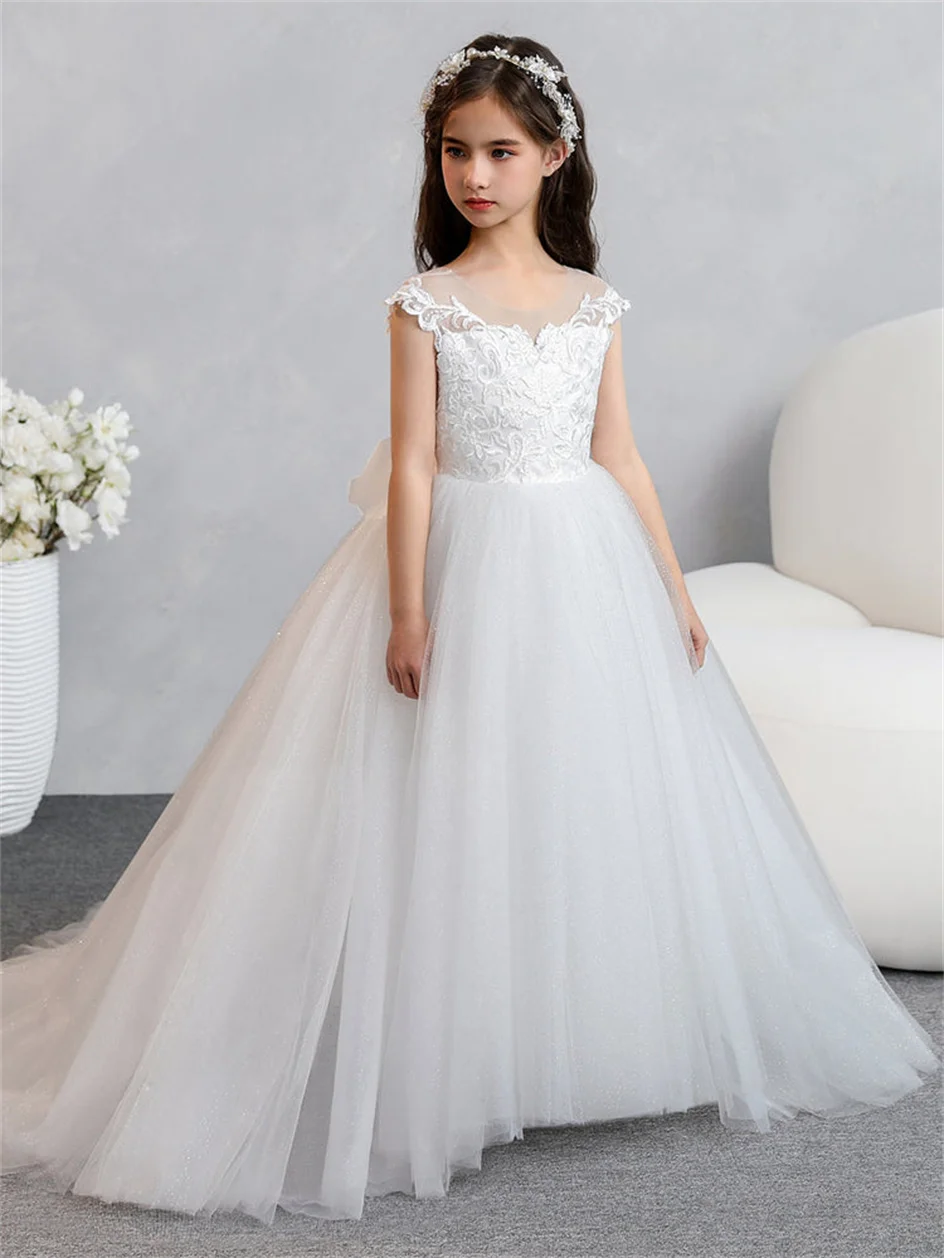 

Shiyicey A-line Appliques Crew Neck Tulle Bow Flower Girl Dress Princess Floor-length Long Wedding Kids Dress Formal Ball Gown