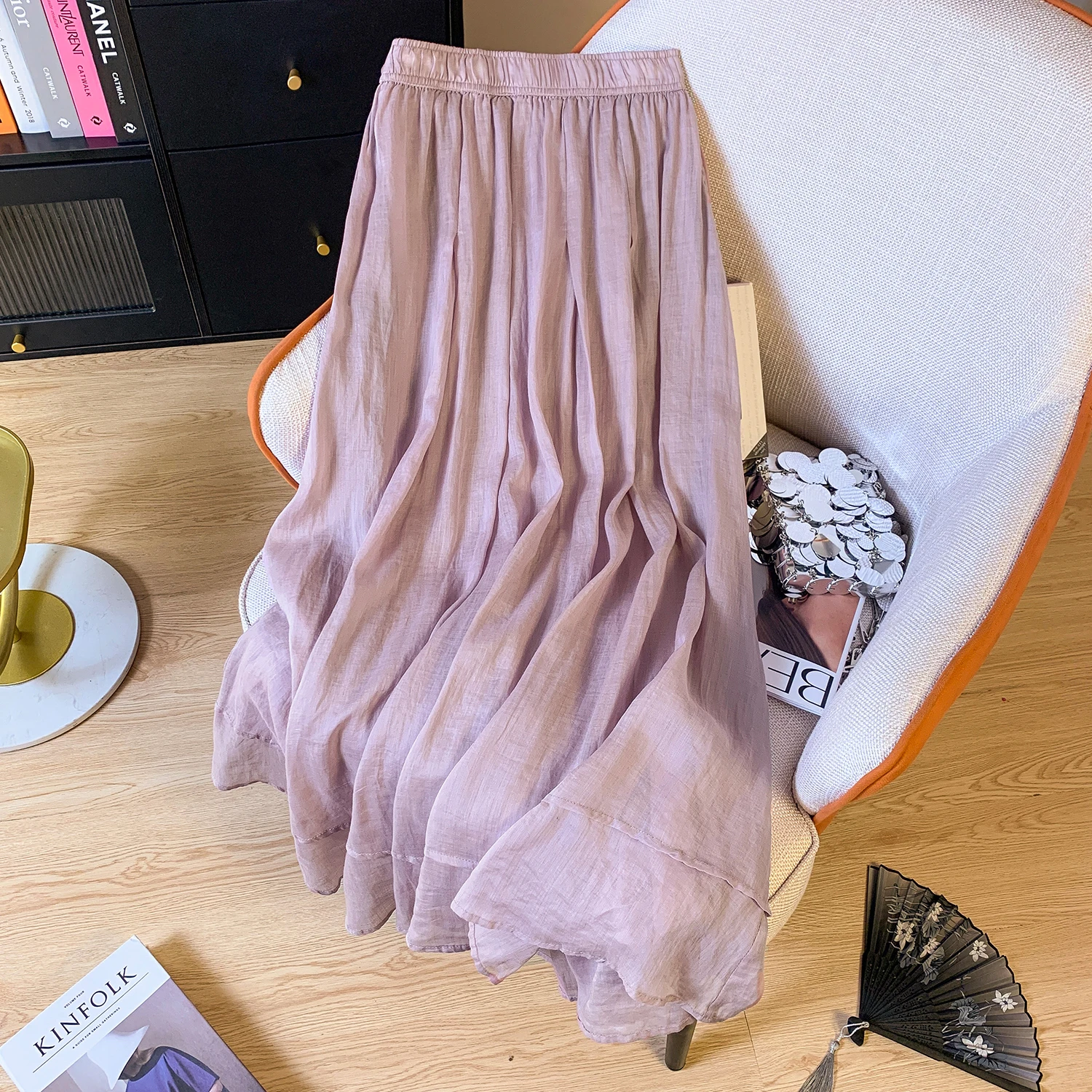 

Retro Artistic Pure Color Cotton Linen f Skirt Women's Summer New Elastic Waist Ele Double Layer Fairy Skirt