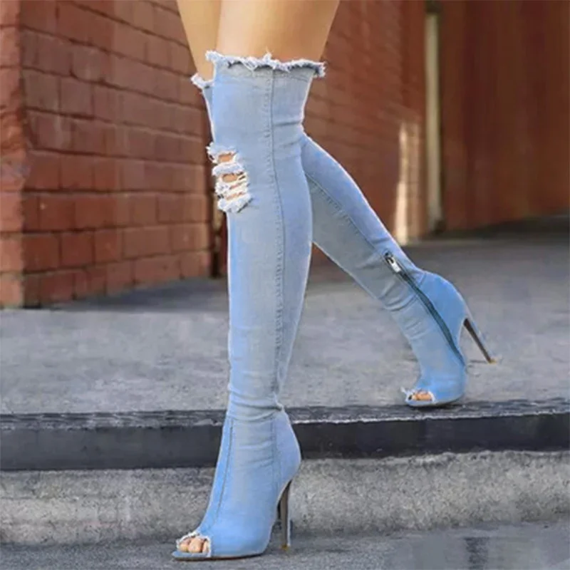 Comemore Women\'s Over The Knee Boot Denim Peep Toe Long Boots Woman Stilettos High Heels Ladies Autumn Stockings Female Shoes 41