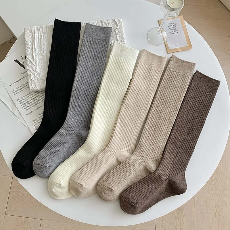 SP&CITY Autumn Winter Solid Color Stripes High Socks College Style Casual Warm Wool Calf Socks JK Academy Female Cashmere Sock