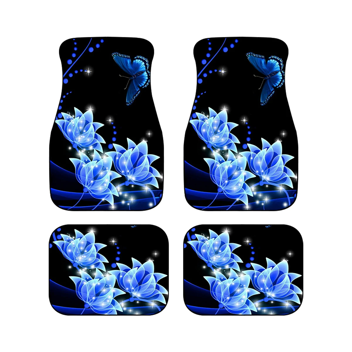 Blue Flower Butterfly Car Floor Mats 4-piece Set Universal Front and Rear Floor Mats 3D Printed Protective Mats Suitable for Car