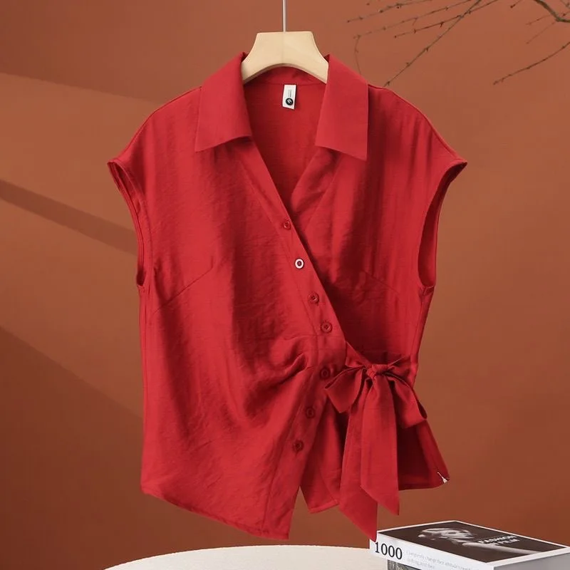 

Women's Fashionable Short Sleeve Shirt Summer 2026 New Style Collar Slim Fit Casual Polyester Fiber Regular Length Pure ...