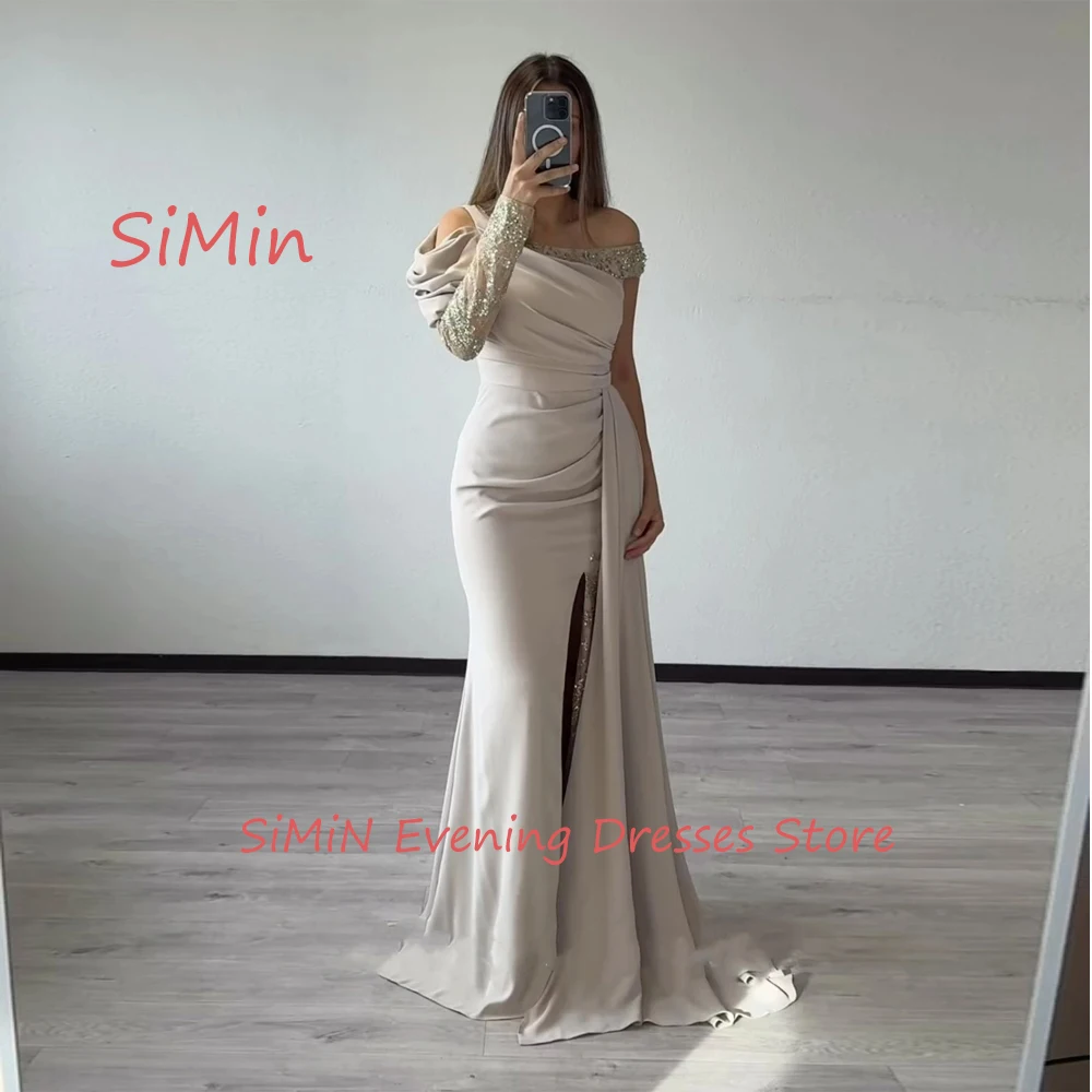 

Simin Crepe Scoop Neckline Saudi Off-the-shoulder Beaded Prom Simple Floor Length Arab Evening Party dresses for women 2024