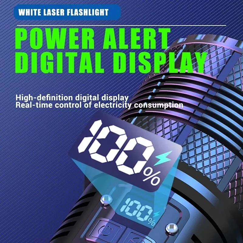 고출력 LED 레이저 손전등 2000W 줌 기능 전술 랜턴 야외 비상용 스포트라이트 디지털 디스플레이 알루미늄 토치 램프