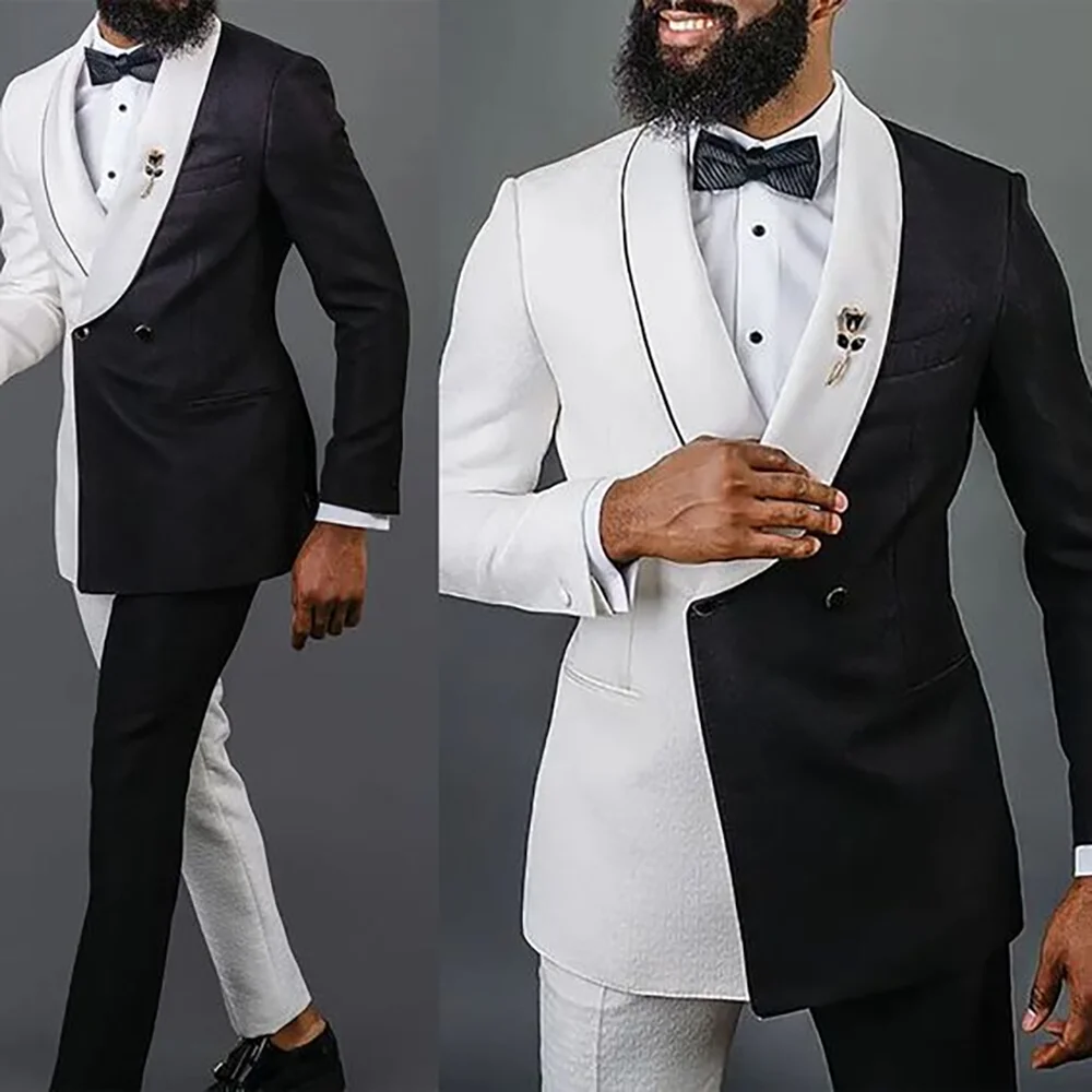 Black White Patchwork Color Men's Suit 2 Pieces Jacket Pants Social Party Work Commute Male Clothing
