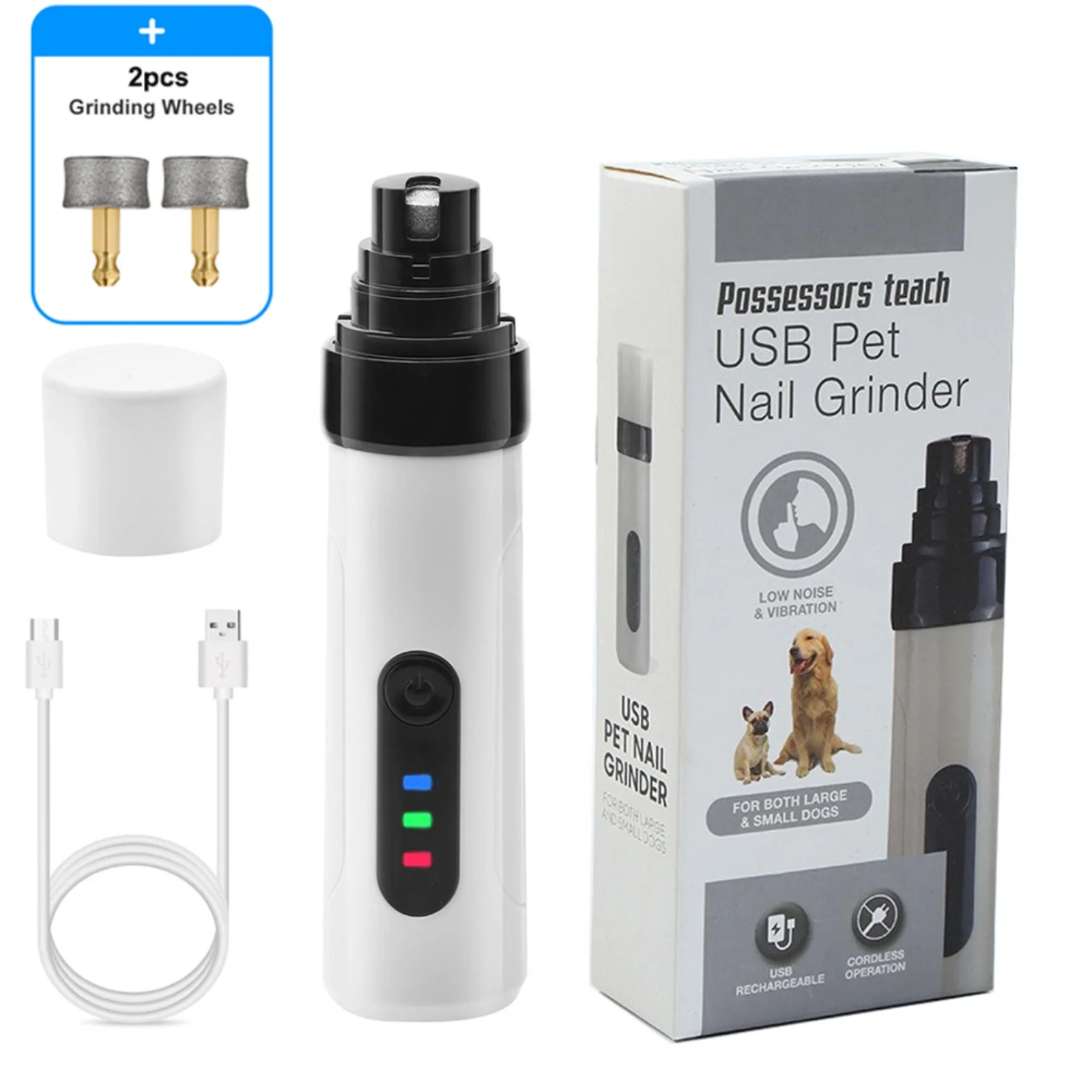 

Automatic 2-Speed Pet Nail Grinder, USB Rechargeable, Cat and Dog Nail Trimmer, Black and White, ABS Shell, 150-Grit Grinding