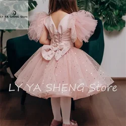 Puffy Pink Flower Girl Dress For Wedding Shining O-Neck With Bow Princess Kids Birthday Party First Communion Ball Gown