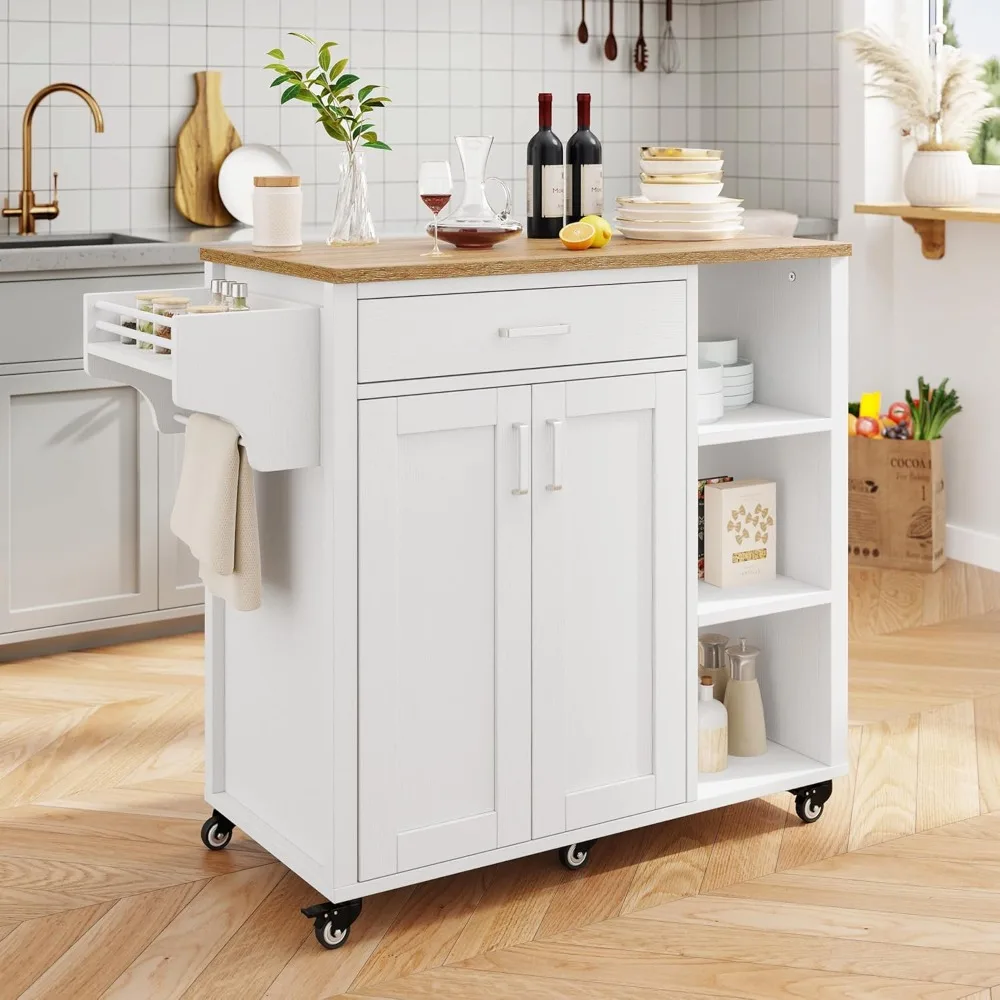 

Kitchen Island with Storage, Rolling Kitchen Island on Wheels with Drawer Open Shelves & Wine Rack Spice Rack, Kitchen