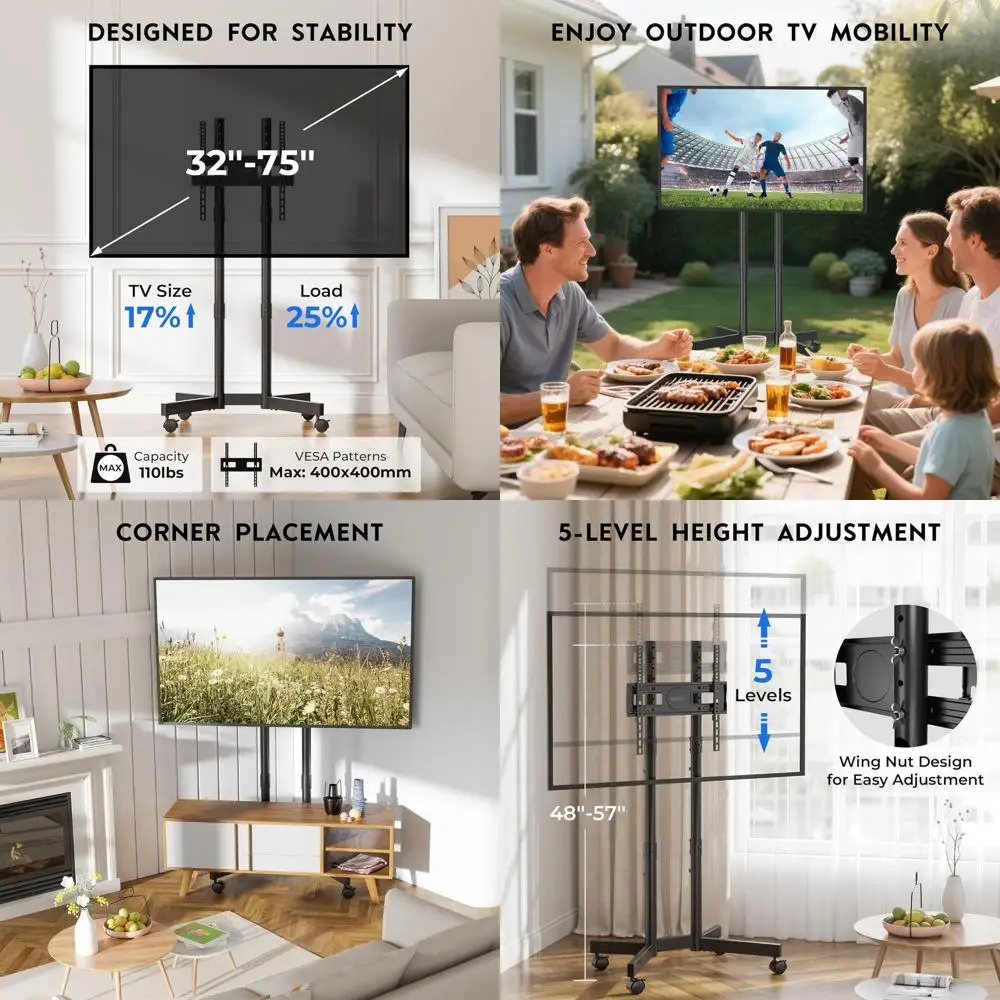 

Регулируемая по высоте телевизионная тележка для телевизоров с диагональю 32-75 дюймов, мобильная подставка на колесах, выдерживает до 110 фунтов, усиленная конструкция, двухколонная конструкция, C