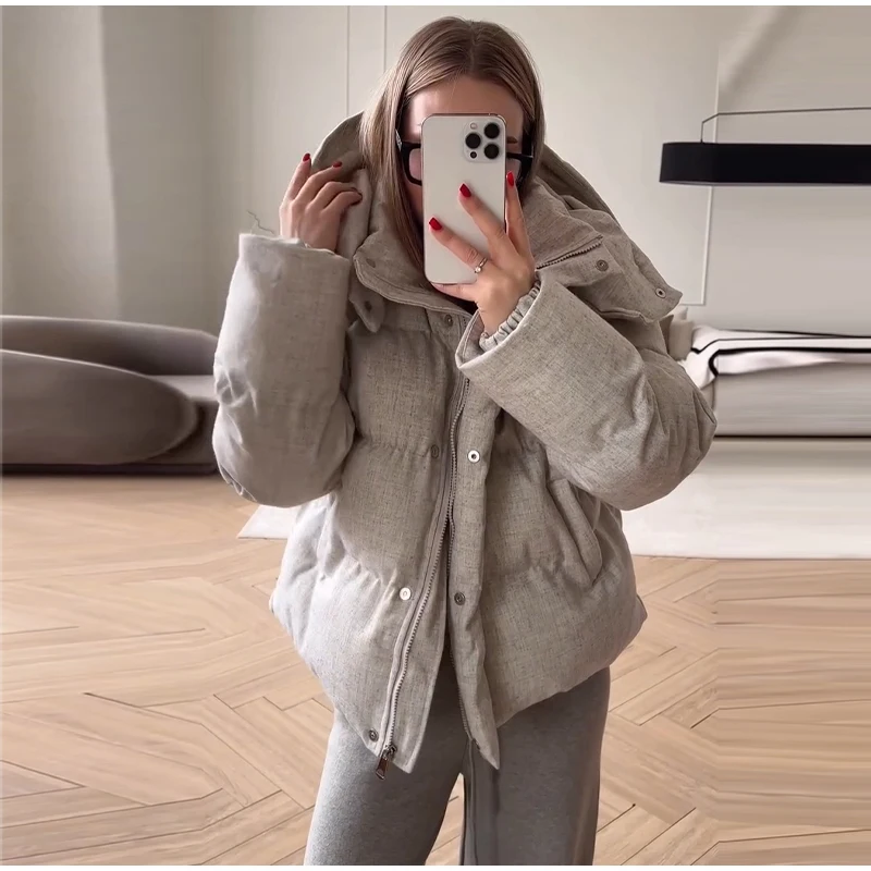 Hooded Stand Collar Fitted Puffer Coat Zip‑Up Oversized 2026 Winter Women Warm Padded Jacket Glam Causal Lady Cotton‑Padded Coat