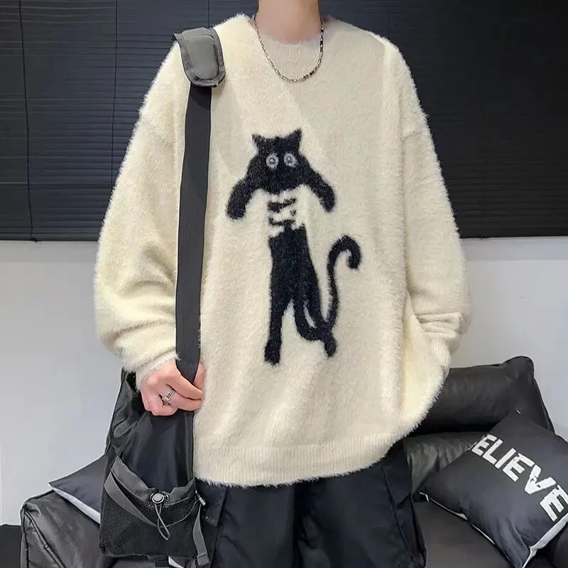 2024 Spring Mens Knitted Sweater American Street Fashion Cat Pattern Round Neck Knitwear Oversized High Street Hip Hop Pullovers