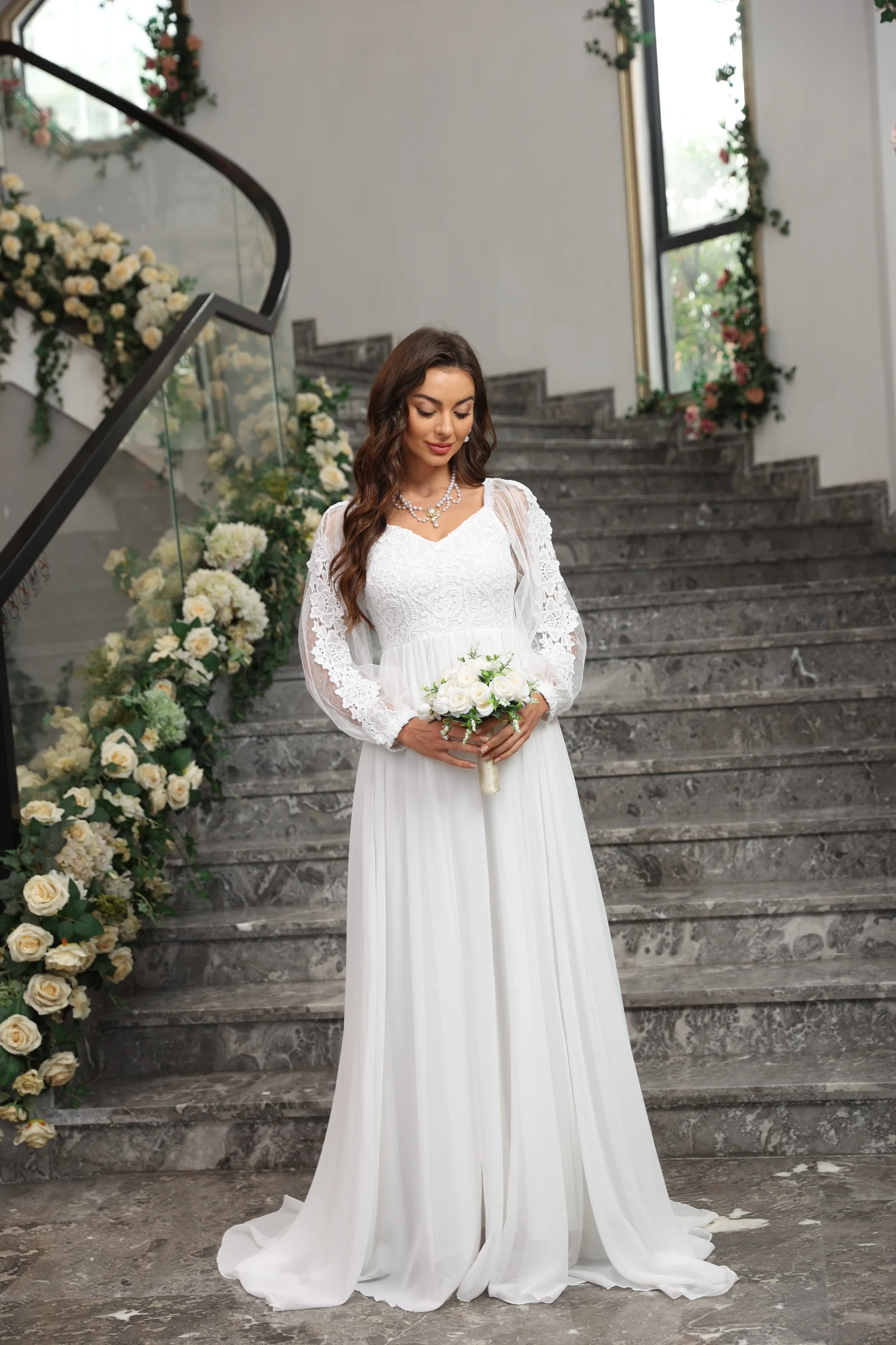 Elegant Ladies Bridal Wedding Dress Long Sleeve Wedding Dress Women's Luxury Party Dress Open Strap Evening Dress Woman 2024