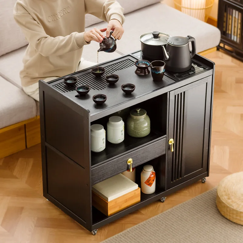 

Mobile Small table Kettle integrated household tea cabinet Tea cart balcony Solid wood coffee table Brewing tea table