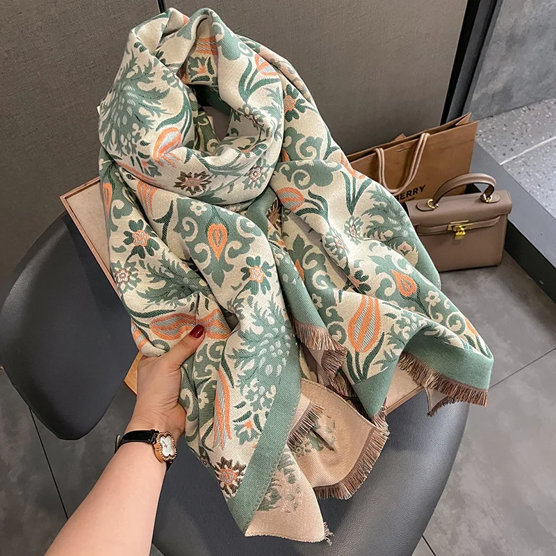 New Woman Fashion European And American Style Retro Flower Printing Imitation Cashmere Shawl Multifunction Decorate Warm Scarf