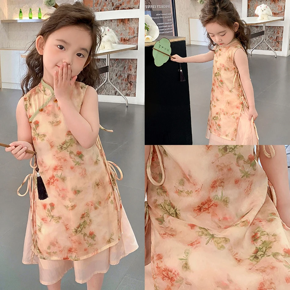 New Chinese Style Hanfu Cheongsam Girls Floral Butterfly Fairy Qi Pao Children Sleeveless Festival Performance Birthday Clothes