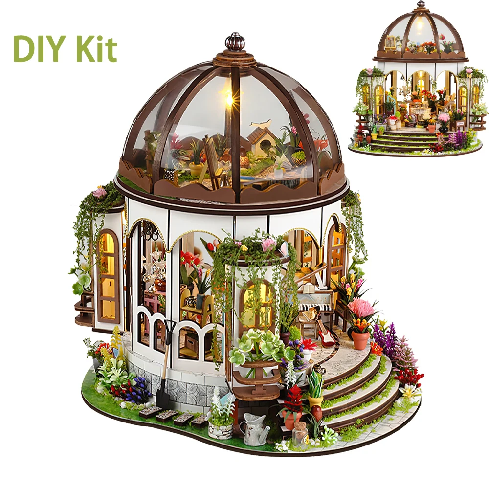 DIY Miniature Dollhouse Kit 3D Wooden Flower House Making Kit with LED Light and Furniture Bedroom Decoration Gifts For Children