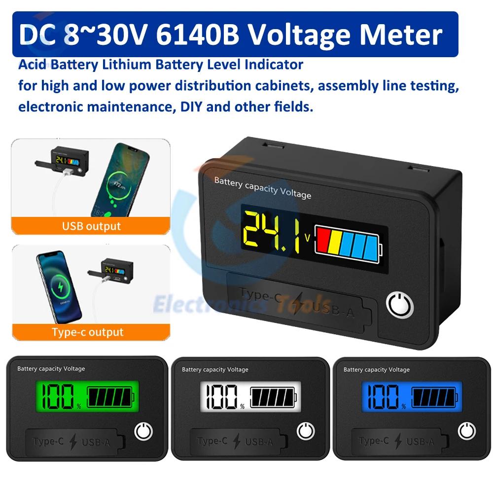 

DC 8~30V Digital Voltmeter Acid Battery Lithium Battery Level Indicator Reverse Protection USB Tpye-C Maintenance Meter Tool