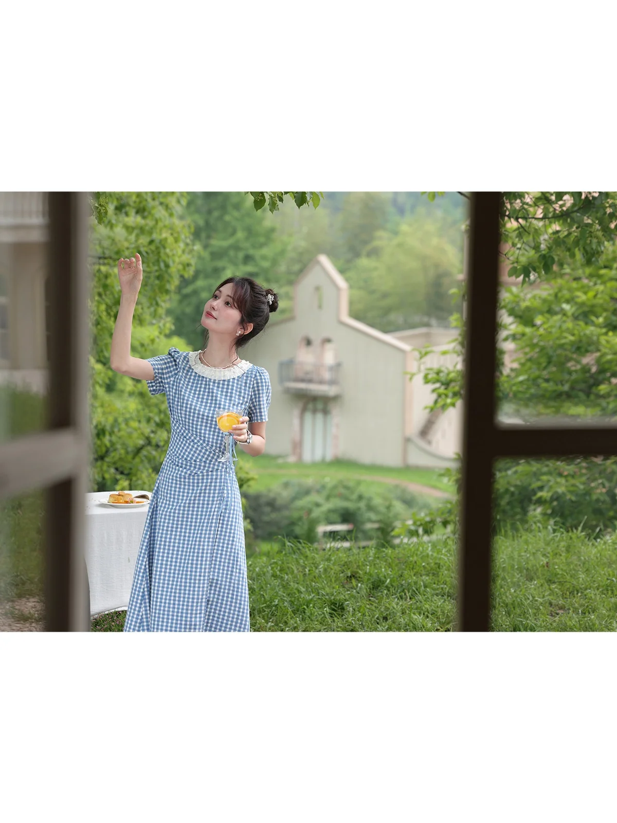 Été bleu Plaid rond Ne femmes Dr aped taille conception sel lait id jupe trapèze ort Sve longue Dr fermeture éclair Clo...