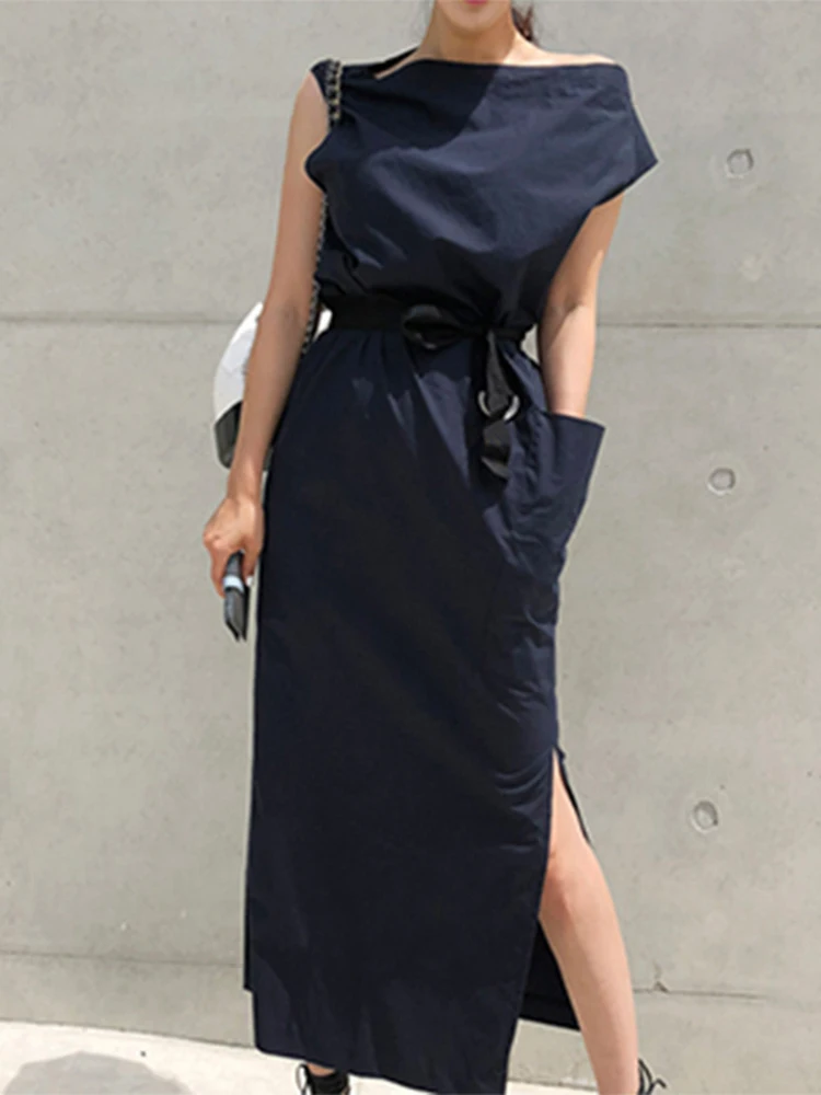 TWOTWINSTYLE Asymmetrical Sashes Dress For Women Slash Neck Short Sleeve High Waist Casual Dresses Female Fashion New Clothing