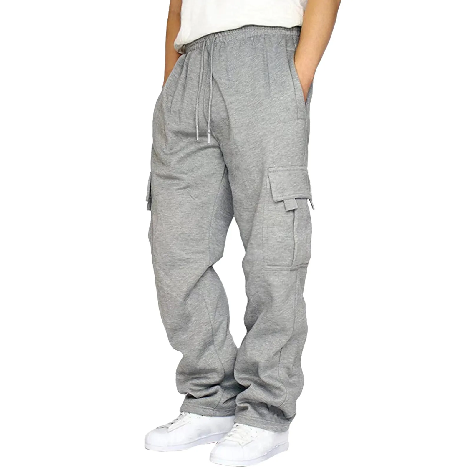 Men's Fitness Running Pants Lace Up Loose Waist Wide Foot Solid Color Pocket Loose Wool Sweatpants