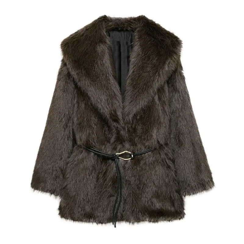

Women's Belt Decoration Collar Solid Color Medium Long Fur Coat Women's Autumn/Winter New Long Sleeve Loose Jacket Coat