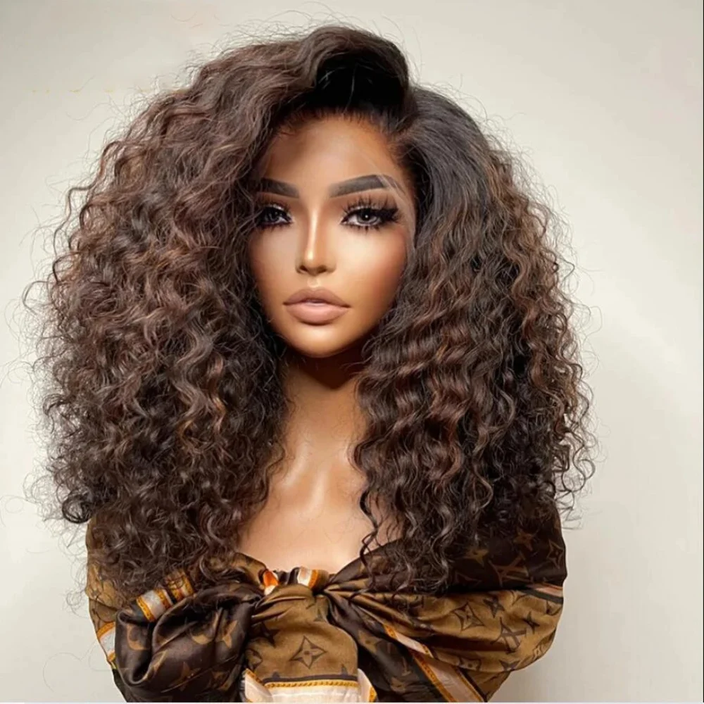 Ombre marrom macio 26 "longo kinky encaracolado 180 densidade peruca dianteira do laço para mulher resistente ao calor sintético sem cola pré-arrancado diariamente