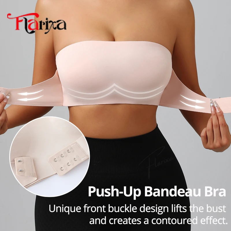 Flarixa Women Front Closure Strapless Bra Chest Wrap Bandeau No Pads Anti Slip Tube Top Smooth Push Up Comfortable Underwear